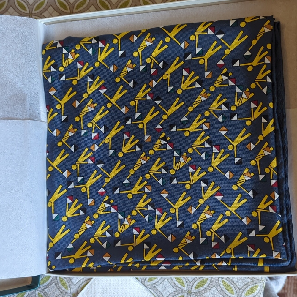 Vintage Levenger semaphore scarf navy and yellow flags. In box with tags.